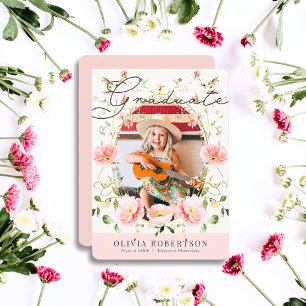Rosa Poppy Watercolor Blommigt Girl Photo Studente Inbjudningar