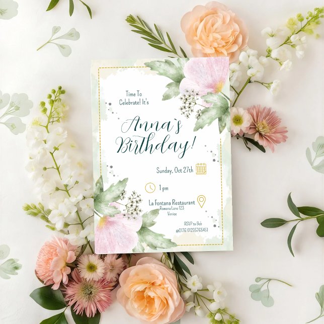 Rosa Poppy Watercolor Blommigts Birthday Inbjudningar (Skapare uppladdad)