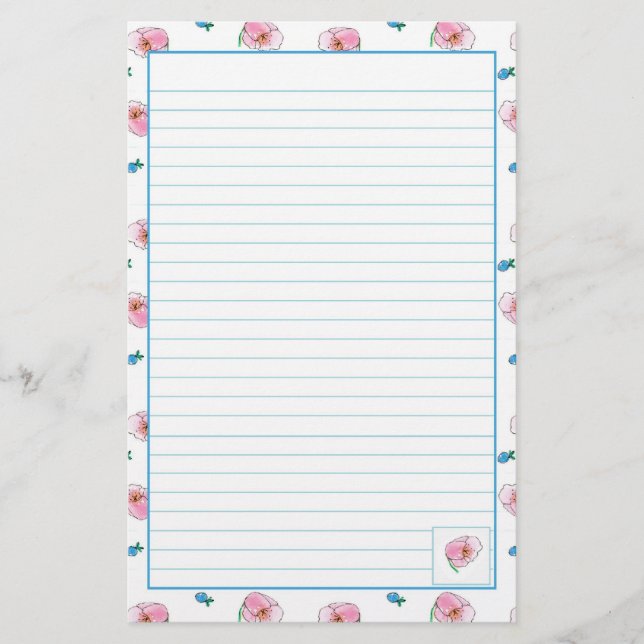 Rosa Poppy Watercolor Flowers Lining Brevpapper (Framsida)