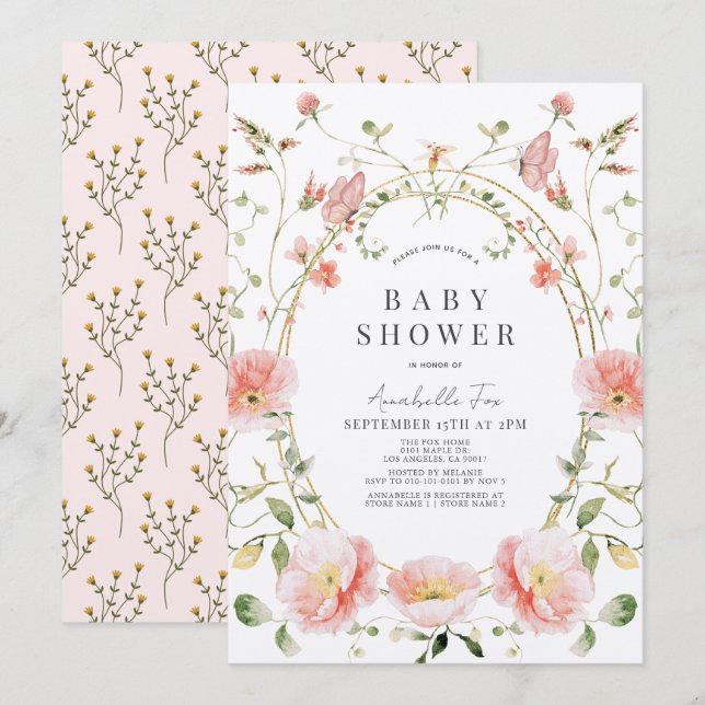 Rosa Poppy Wildblommblommor Butterfly Baby Shower Inbjudningar (Fram/baksida)