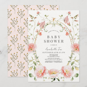 Rosa Poppy Wildblommblommor Butterfly Baby Shower Inbjudningar