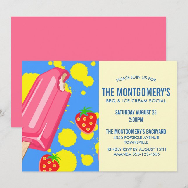 Rosa Popsicle & Strawbär BBQ Party Inbjudningar (Fram/baksida)
