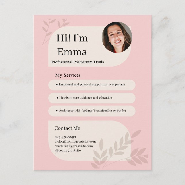 Rosa Postpartum-Doula Professionell Design Vykort (Framsida)