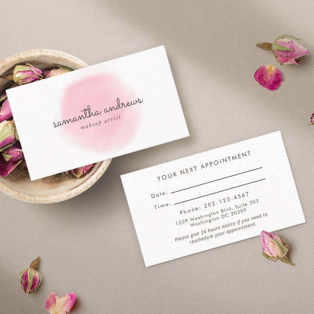 Rosa Powder Puff Makeup Artist Möte Visitkort (A feminine appointment reminder card for your clients.)