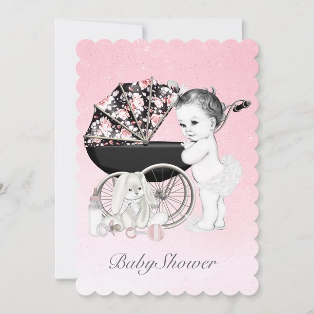 Rosa Pram Baby Shower Inbjudningar (Framsida)