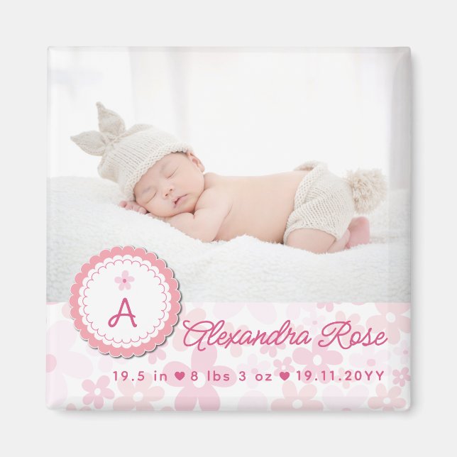 Rosa prästkragar Baby Girl Födelse Tillkännagivand Magnet (Framsidan)