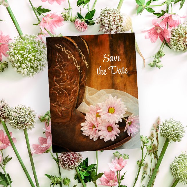 Rosa prästkragar Cowboy Boots Bröllop Spara datume Meddelande Vykort (Skapare uppladdad)