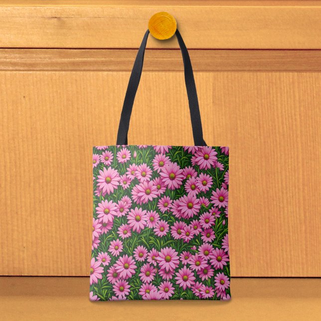 Rosa prästkragar Totebag Tygkasse (Tote bag with pink daisies)