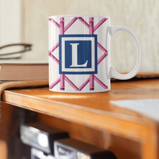 Rosa Preppy Bambusträdmönster Monogram Kaffemugg (Skapare uppladdad)
