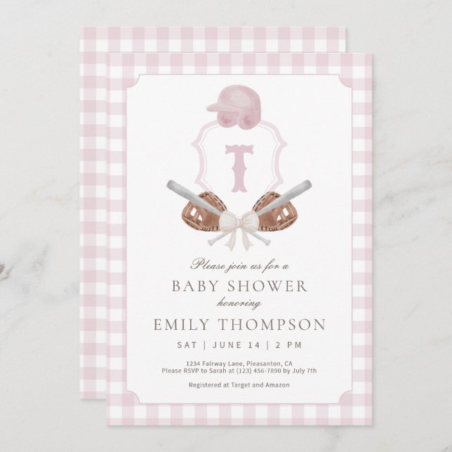Rosa Preppy Baseball Vapensköld Baby Shower-inbjud Tack Kort (Fram/baksida)