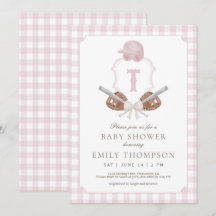 Rosa Preppy Baseball Vapensköld Baby Shower-inbjud