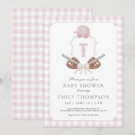 Rosa Preppy Baseball Vapensköld Baby Shower-inbjud Tack Kort