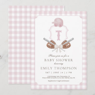 Rosa Preppy Baseball Vapensköld Baby Shower-inbjud Tack Kort