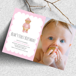 Rosa Preppy Bear Beary First Birthday Photo Inbjudningar
