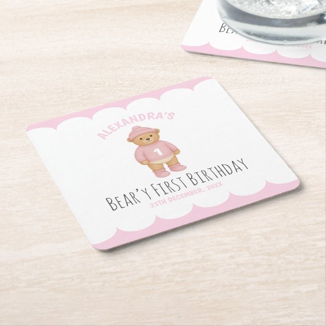 Rosa Preppy Bear Beary Första Födelsedag  Underlägg Papper Kvadrat (Vinklad)