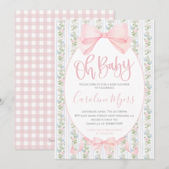 Rosa Preppy Blommigt Coquette Bow Flicka Inbjudningar (Fram/baksida)