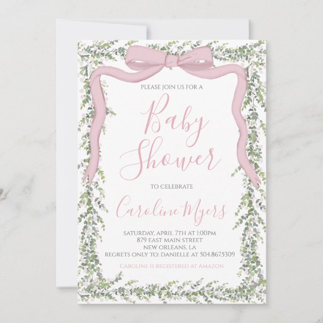Rosa Preppy Bow Ribbon Girl Baby Shower Inbjudningar (Framsida)