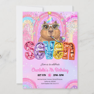 Rosa Preppy Capybara 7-års Födelsedag Inbjudningar