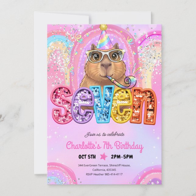 Rosa Preppy Capybara 7-års Födelsedag Inbjudningar (Framsida)