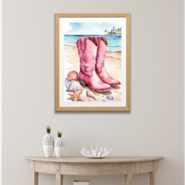 Rosa Preppy Coastal Cowgirl Boots Sand Ocean Beach Poster