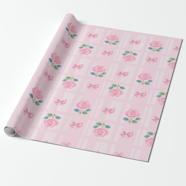 Rosa Preppy Coquette Ribbon och Ro Presentpapper (Utrullad)