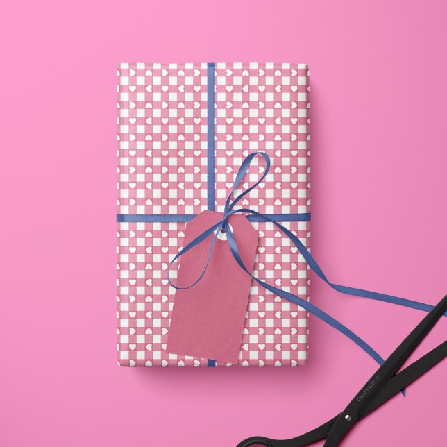 Rosa Preppy Gingham Hjärtan - Rull med Inpacknings Presentpapper (Skapare uppladdad)