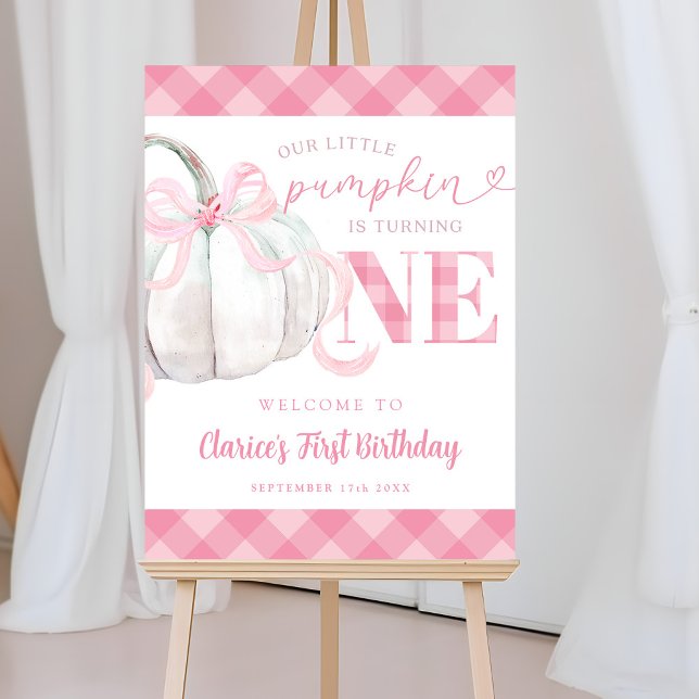 Rosa Preppy Girl's Pumpkin Birthday Welcome Sign Poster (Skapare uppladdad)