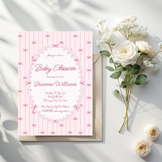 Rosa preppy handritad baby shower inbjudningar (Pink preppy hand drawn vintage retro frame girls baby shower invitation cards template)