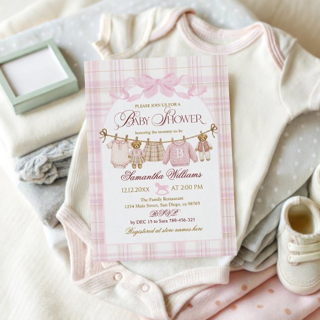 Rosa Preppy Teddybjörn Flicka Bebis Badrums Rutig  Inbjudningar (Skapare uppladdad)