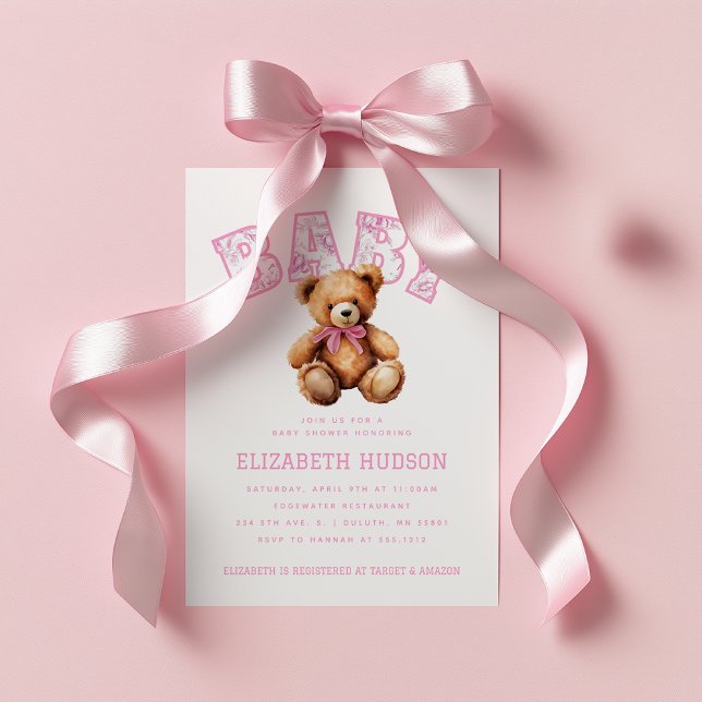 Rosa Preppy Varsity Teddybjörn Baby Shower Inbjudningar (Pink Preppy Varsity Teddy Bear Baby Shower Invitation)