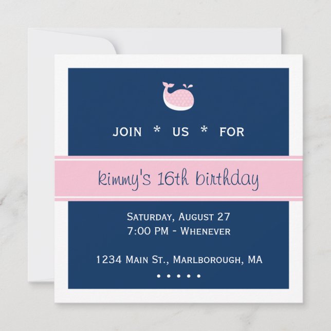 Rosa Preppy Whale Birthday Inbjudningar (Framsida)