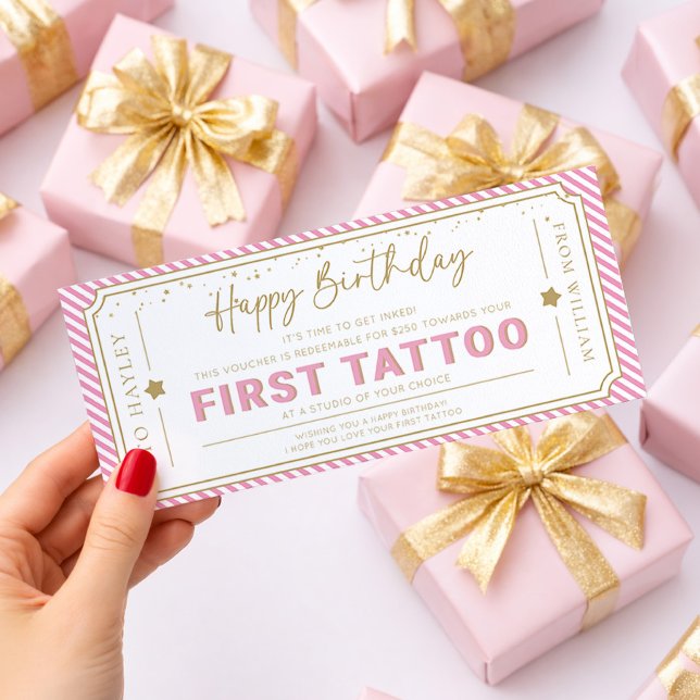 Rosa presentkort för första tatuering på födelseda inbjudningar (Skapare uppladdad)