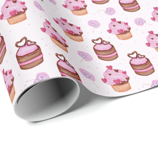 Rosa presentpapper för Cupcake till Alla hjärtans  (Rullad Hörn)