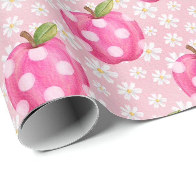 Rosa prickig äpple- och tusenskönemönster presentpapper (Rullad Hörn)