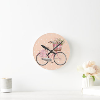 Rosa prickig cykel, söt vintage-dekor rund klocka