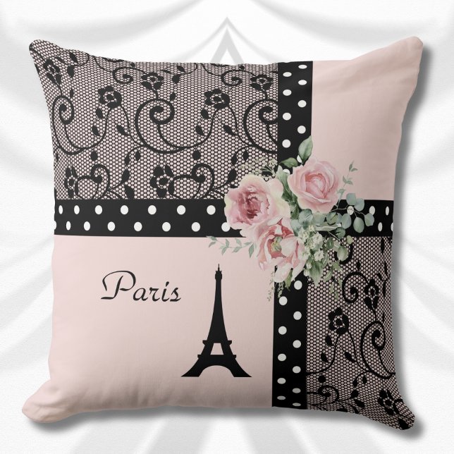 Rosa prickig Paris Frankrike Romantik Kudd Kudde (Pink Polka Dot Paris France Romance Pillow)