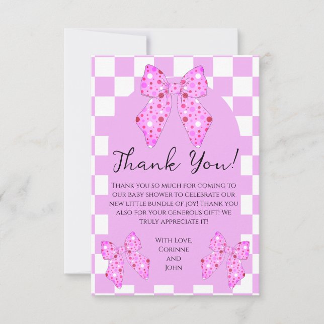 Rosa prickiga band rosett randig baby shower tack kort (Framsida)