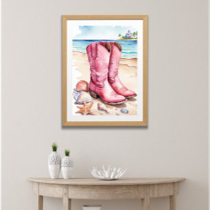 Rosa Priddy Kust Cowgirl Stövlar Sand Ocean Strand Poster