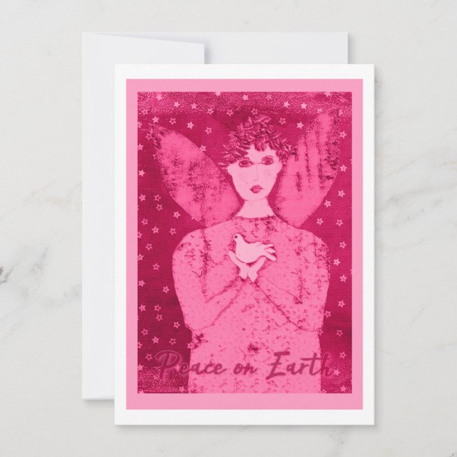 Rosa Primitiv ängel med vitt dovkort Helgdag Julkort (Framsida)