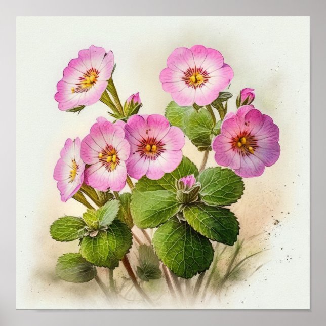 Rosa Primrose Flowers Art Print Poster (Framsidan)