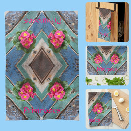 Rosa Primroses Rustic Blue Grönt Boatboard Kökshandduk