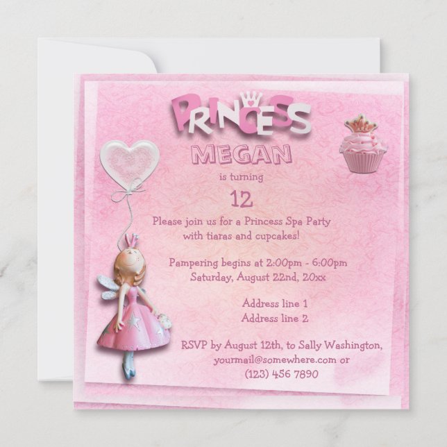 Rosa Princess 12:e Birthday Spa Party Dubbla Sida Inbjudningar (Baksida)