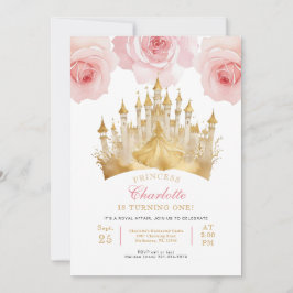 Rosa Princess 1st Birthday Party Fairytale Krona Inbjudningar