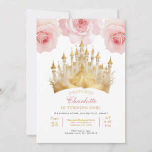 Rosa Princess 1st Birthday Party Fairytale Krona Inbjudningar
