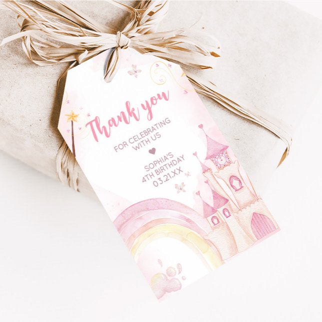Rosa Princess 4e födelsedagen Party Favor Märkres Presentetikett (Four Ever a Princess Birthday Party Favor Tags)
