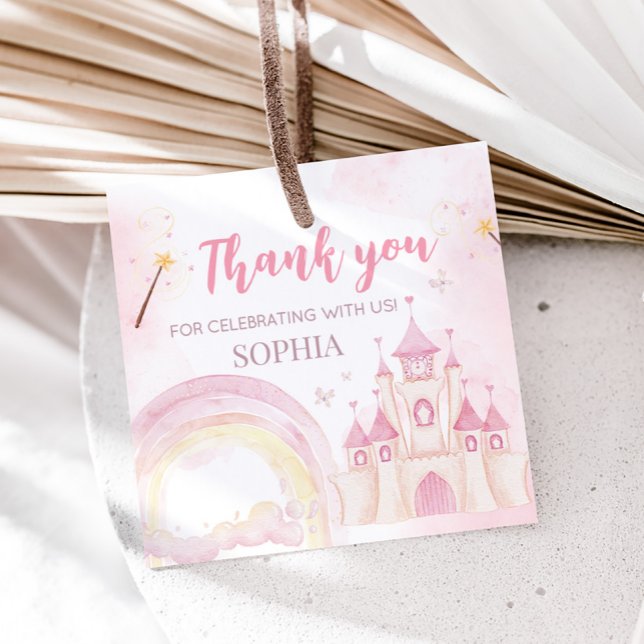 Rosa Princess 4e födelsedagen Party Square Gåvor Etiketter (Four Ever a Princess Birthday Party Favor Tags)