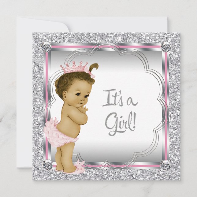 Rosa Princess African American Baby Shower Inbjudningar (Framsida)