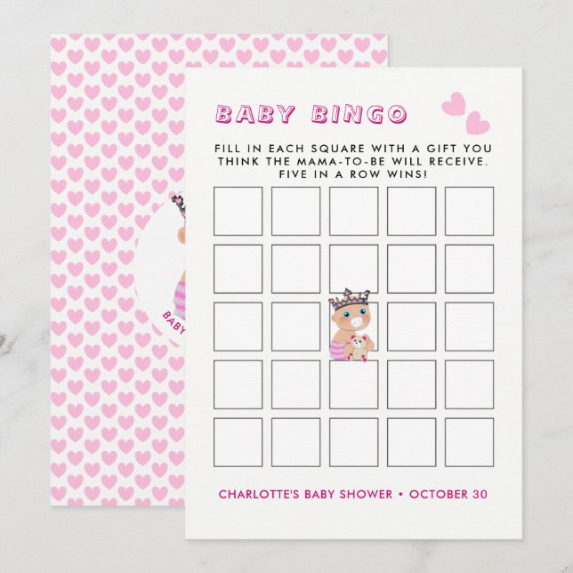 Rosa Princess Baby Shower Baby Bingo Game Inbjudningar (Fram/baksida)