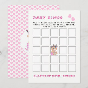 Rosa Princess Baby Shower Baby Bingo Game Inbjudningar