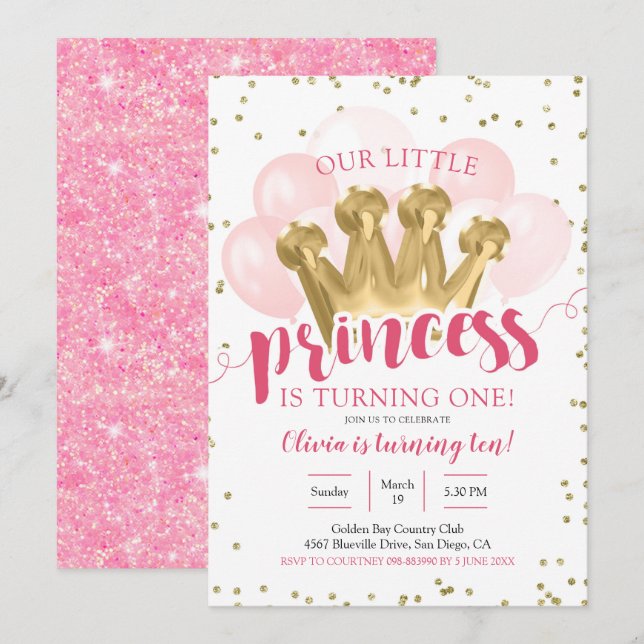 Rosa Princess Balloon Birthday-inbjudan Inbjudningar (Fram/baksida)
